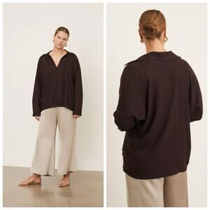 Vince Wool Blend Tie Neck Relaxed Collared Long Sleeve Blouse Plum Wine Large